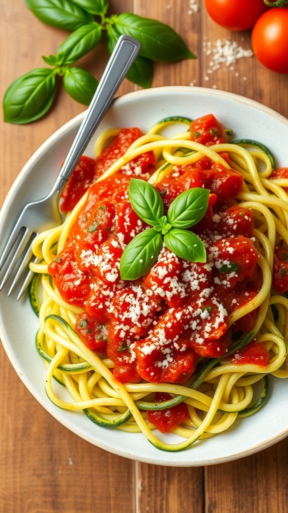 Zucchini Spaghetti with Marinara Sauce Zucchini spaghetti with marinara sauce, garnished with basil and Parmesan cheese on a wooden table.